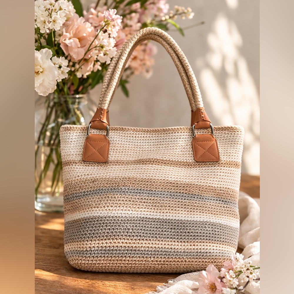 The Sak Striped Crochet Tote Shoulder Bag Neutral Boho Knit Leather Trim